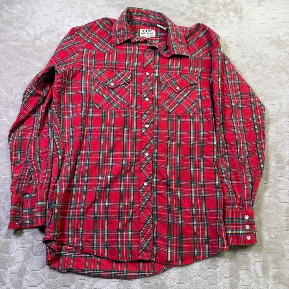 VTG Ely Cattleman Pearl Snap Shirt Mens Medium Plaid Button Up Western‎ RIP Look